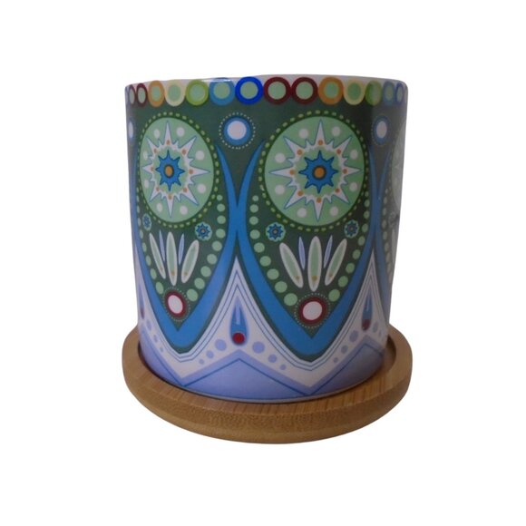 Succulent Pots 3 inch Mandala Boho Blue Ceramic with Bamboo Trays 2 Pcs Set - Picture 3 of 6